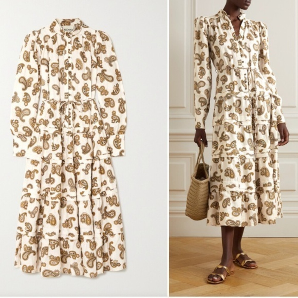 Alemais Mia Tiered Paisley-print Linen Midi Dress - Cream 100% linen